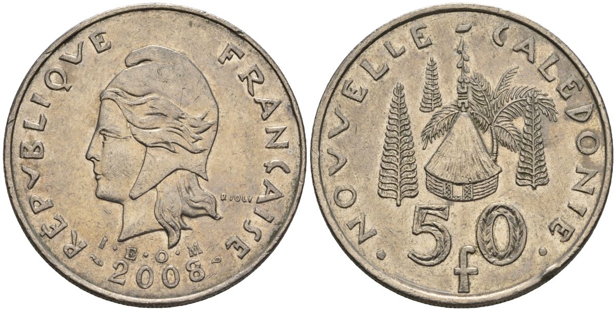 Французская Новая Каледония 50 франков 2008 хижина среди сосен и пальм, (IEOM) KM 13a, Schoen 15a, Lec 128i медно-никель 4111-523