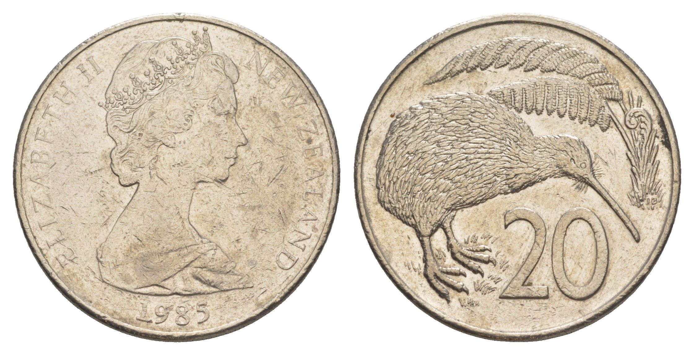 Новая Зеландия 20 центов 1985 Елизавета II (1952-2022), птичка киви KM 36 медно-никель 87-1325