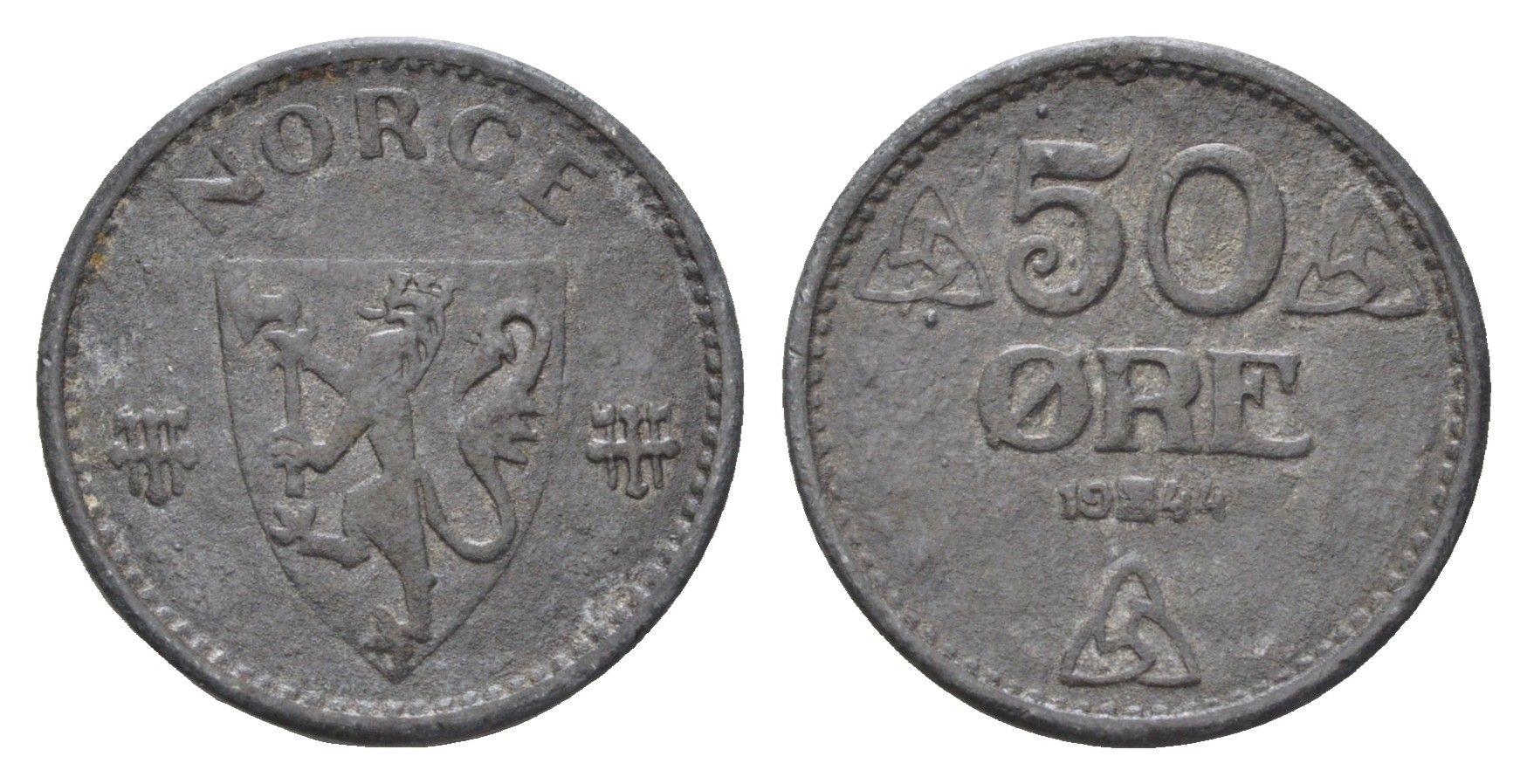 Норвегия 50 эре 1944 Хокон VII (1905-1957), редкий год KM 390 цинк 4659-913