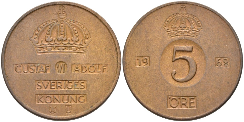 Швеция 5 эре 1962 U, Густав VI Адольф (1950-1973) KM 822 бронза 4557-815