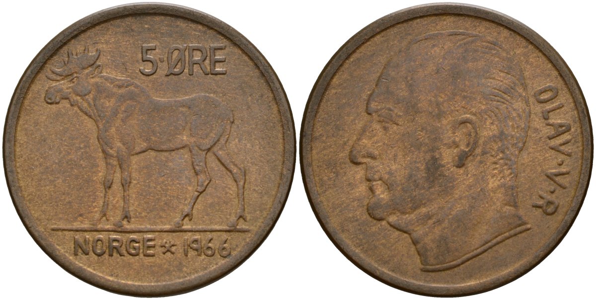 Норвегия 5 эре 1966 KM 405 бронза 4159-653