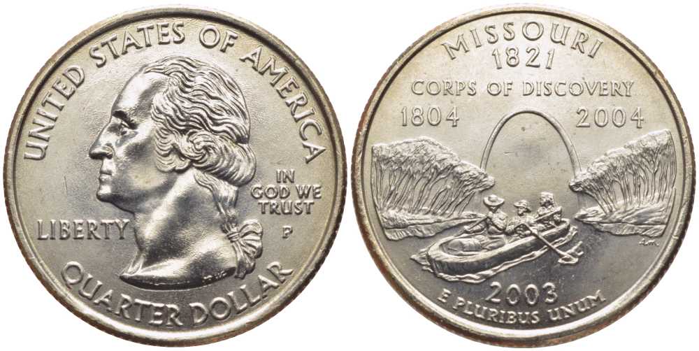 США 25 центов = квотер 2003 P, серия штаты США, Миссури KM 346 медь плакированная медно-никелем UNC M49-18
