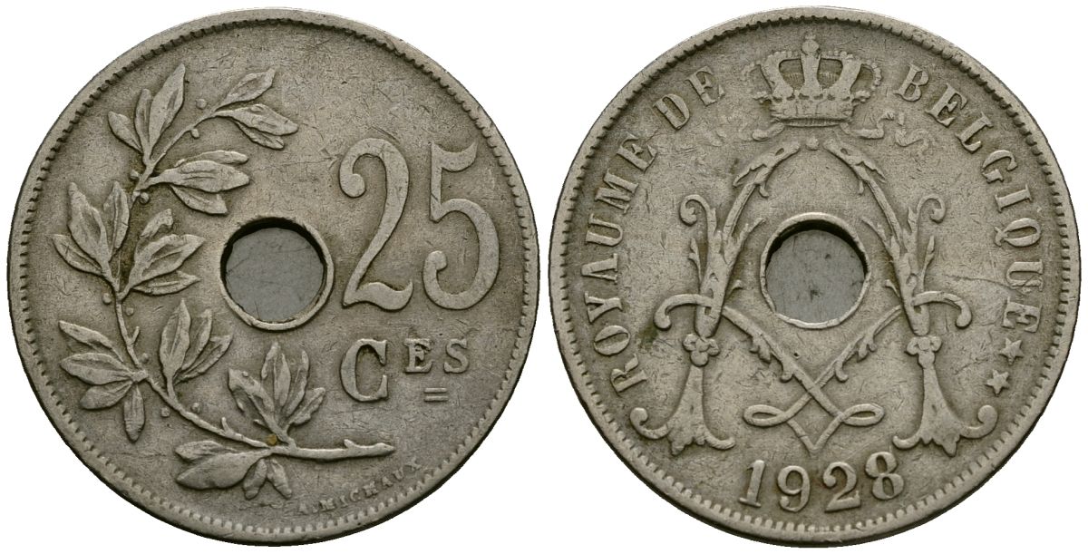 Бельгия 25 сантимов 1928 Belgique KM 68 медно-никель 4165-542