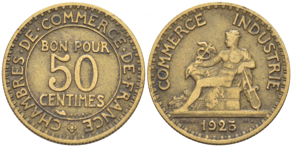 ФРАНЦИЯ 50 САНТИМОВ 1923 CHAMBRES DE COMMERCE KM 834, LE FRANC 191.6 алюминиевая бронза 3309-1027