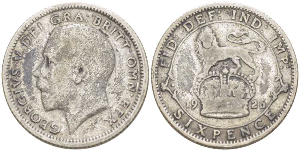 Великобритания 6 пенсов 1926 Георг V (1910-1936), есть зазор над буквой I KM 815a.1, Spink 4024 серебро 08-1417