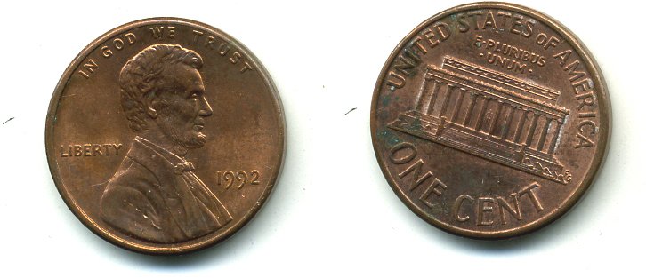 США 1 ЦЕНТ 1992 ЛИНКОЛЬН KM 201b цинк плакированный медью 46-762