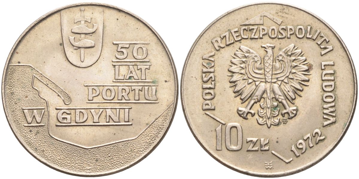 Польша 10 злотых 1972 MW, 50 лет морскому порту в Гдыне KM 65 медно-никель 4565-935