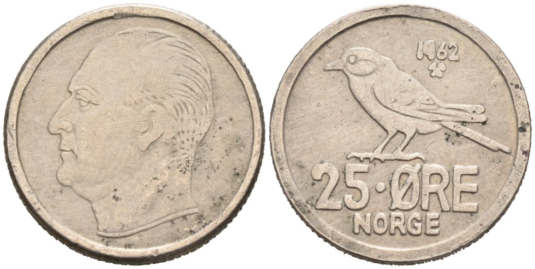 Норвегия 25 эре 1962 Улаф V (1958-1991), синица KM 407 медно-никель 4564-828