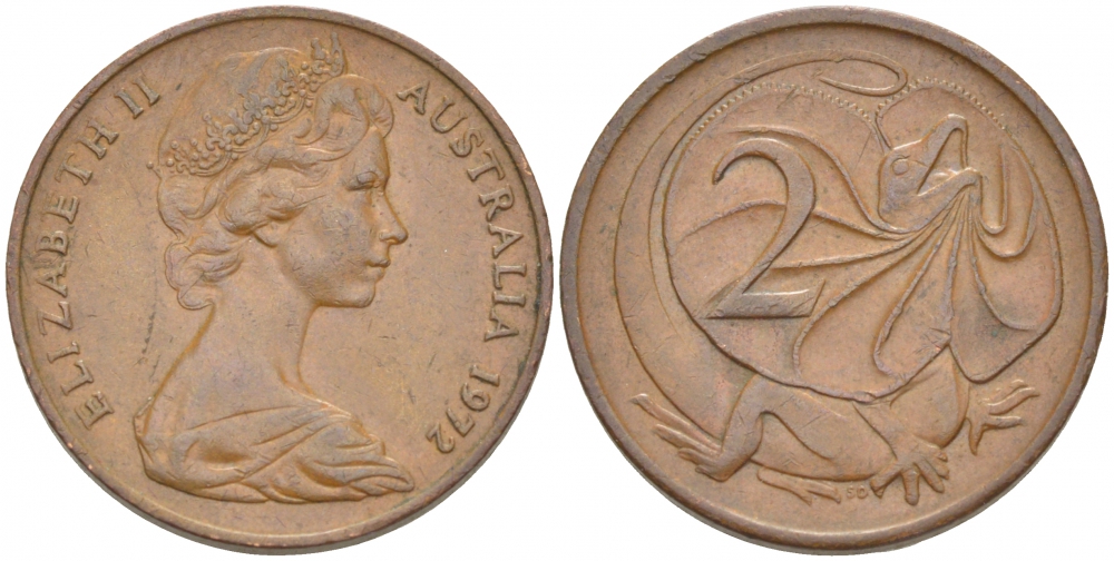 АВСТРАЛИЯ 2 ЦЕНТА 1972 ЕЛИЗАВЕТА II (1953-), ЕЛИЗАВЕТА II, МОЛОДОЙ ПОРТРЕТ, ПЛАЩЕНОСНАЯ ЯЩЕРИЦА (FRILLED LIZARD) KM 63 бронза 4519-441