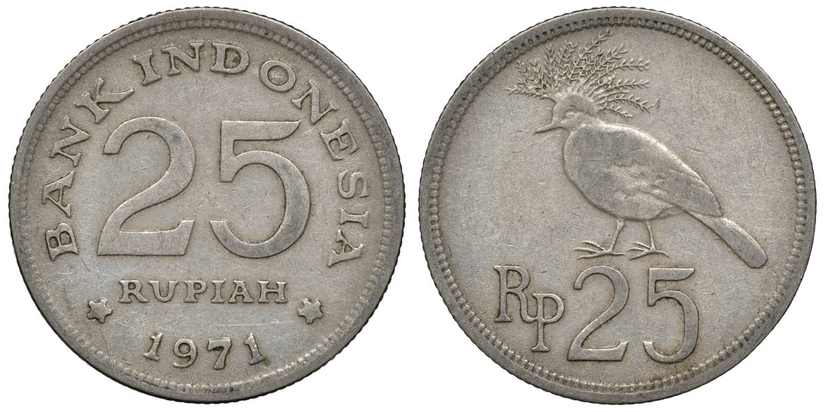 Индонезия 25 рупий 1971 венценосный голубь KM 34 медно-никель 4118-157