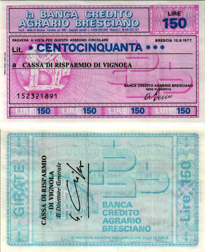 Италия 150 лир 1977 12 сентября 1977 La Banca credito agrario Brescia бумага UNC (пресс) 7222-61-1-2