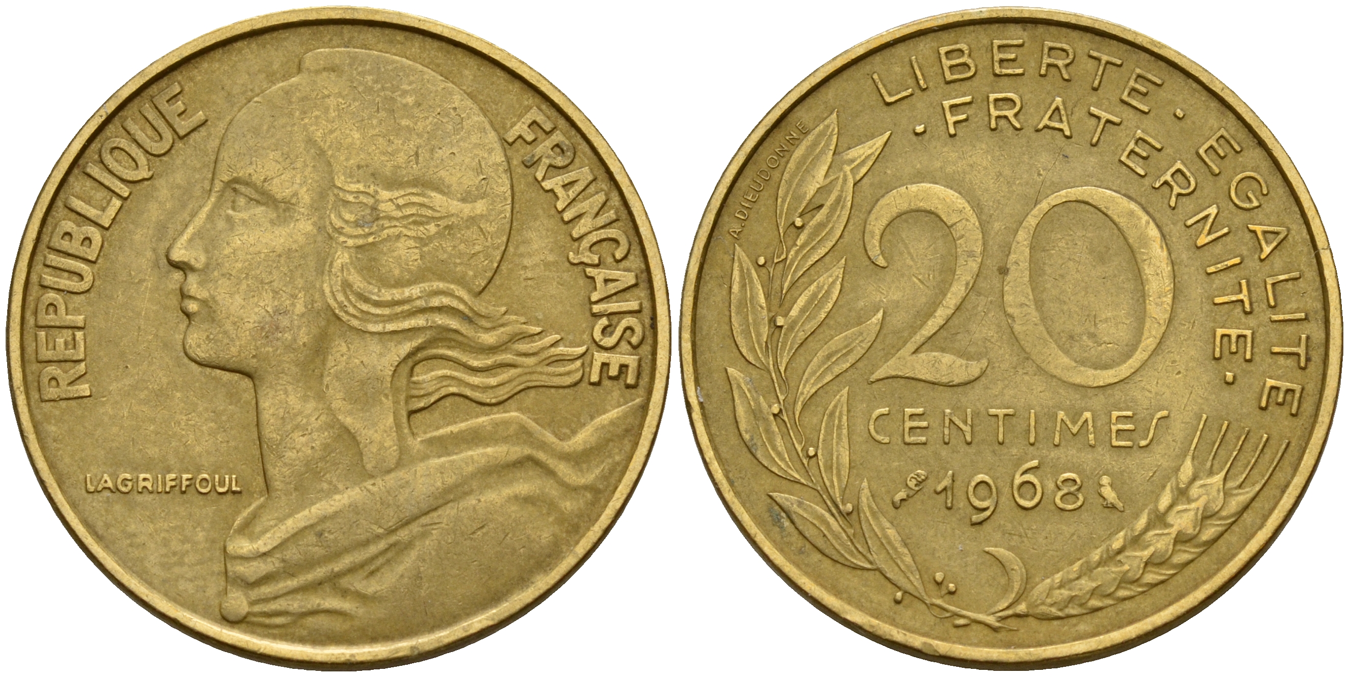 Франция 20 сантимов 1968 тип Marianne KM 930, LE FRANC 156.8 медь алюминий никель    4187-341