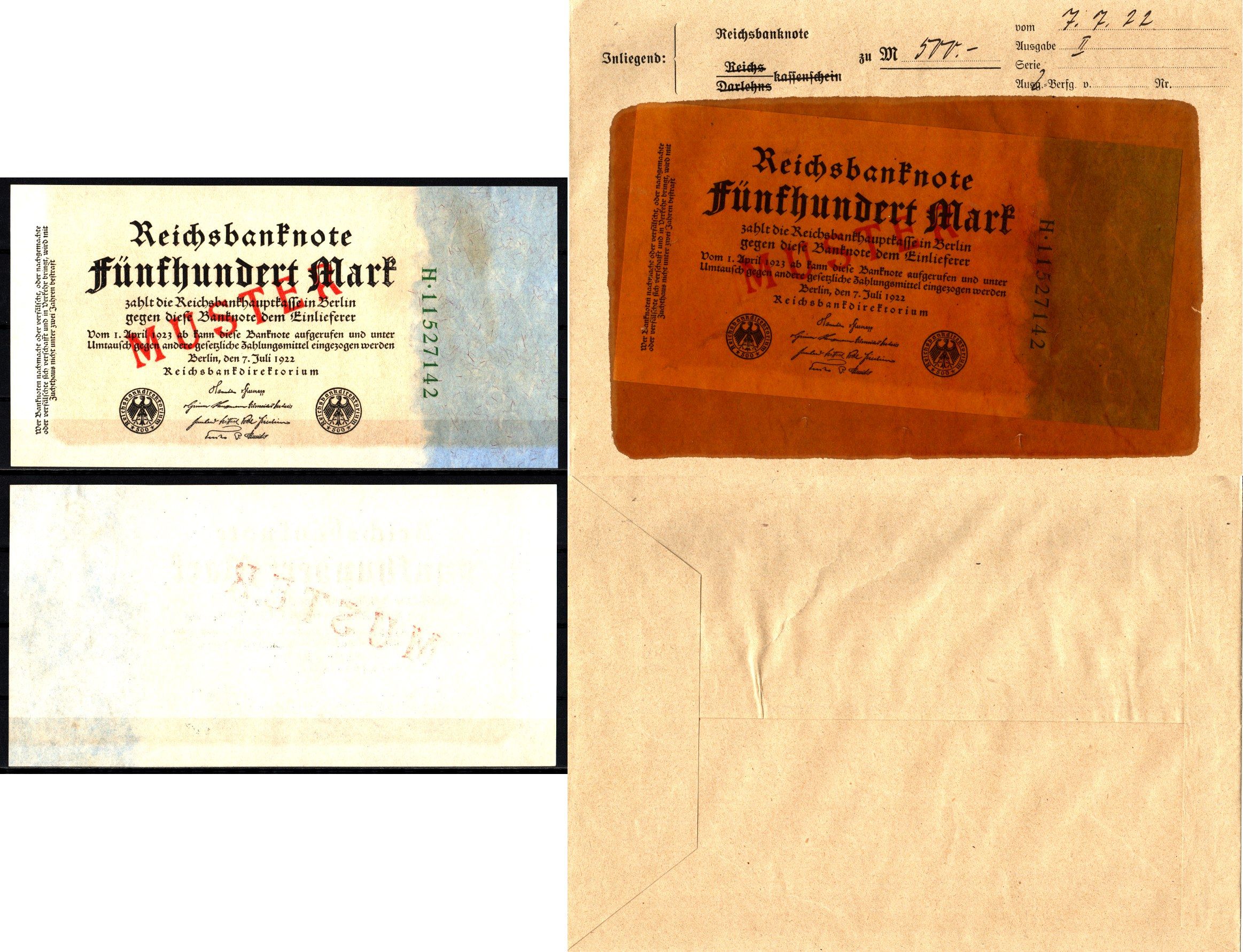 Германия 500 марок 1922 7 июля, зеленый номер, MUSTER, образец, Specimen. В оригинальном банковском конверте. Из коллекции Отто Сейфферта (помощник Ялмара Шахта - министра экономики Германии и президента Рейхсбанка времен третьего рейха) Pick 74 s, Grabow