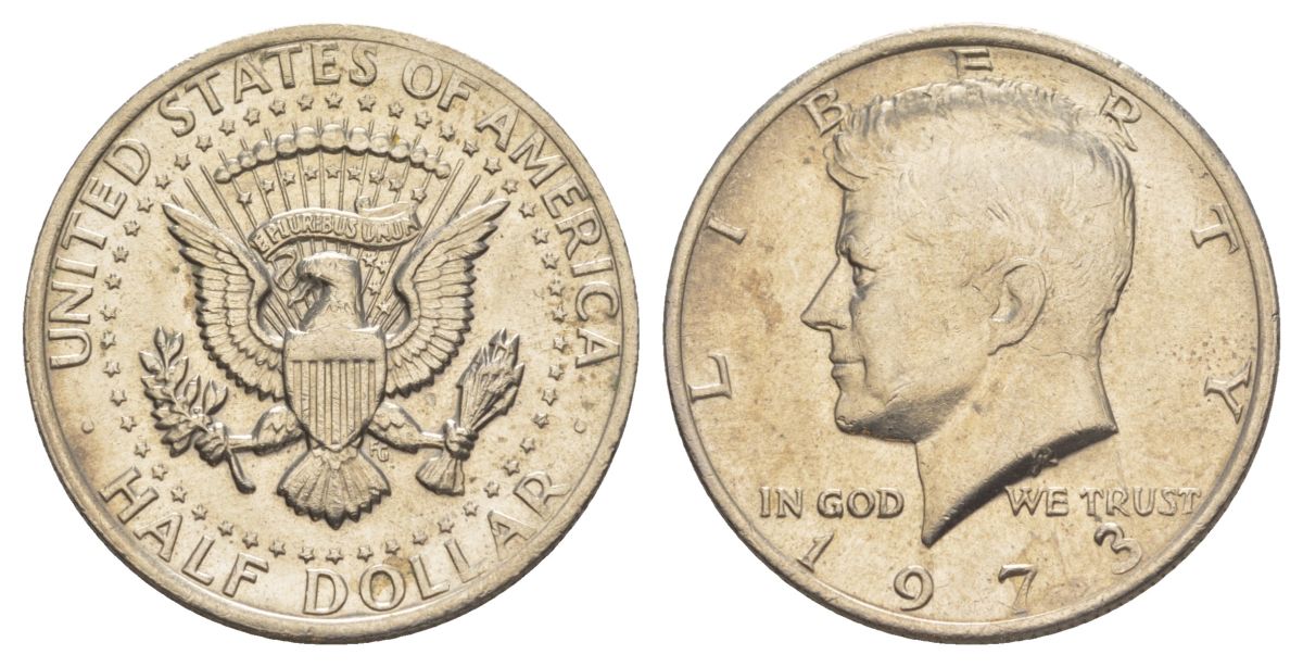 США 1/2 доллара (50 центов) 1973 D, Джон Кеннеди KM 202b медь плакированная медно-никелем aUNC 4517-1214