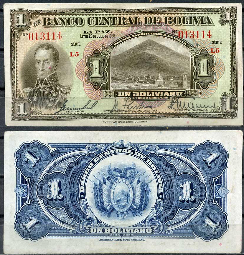 Боливия 1 боливиано 1928 серия L5, Симон Боливар, Потоси Pick 118 a (5-1)  бумага  aUNC 7217-68-1-1