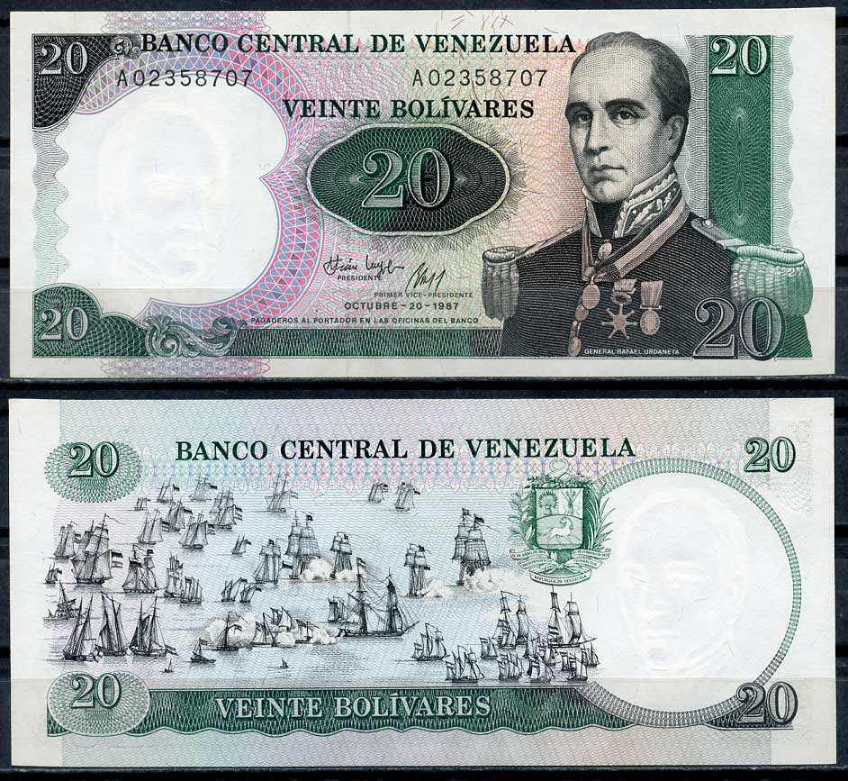 Венесуэла 20 боливаров 1987 200 лет со дня рождения генерала Рафаэля Урданета Pick 71 a  бумага  UNC (пресс) 447-65-2
