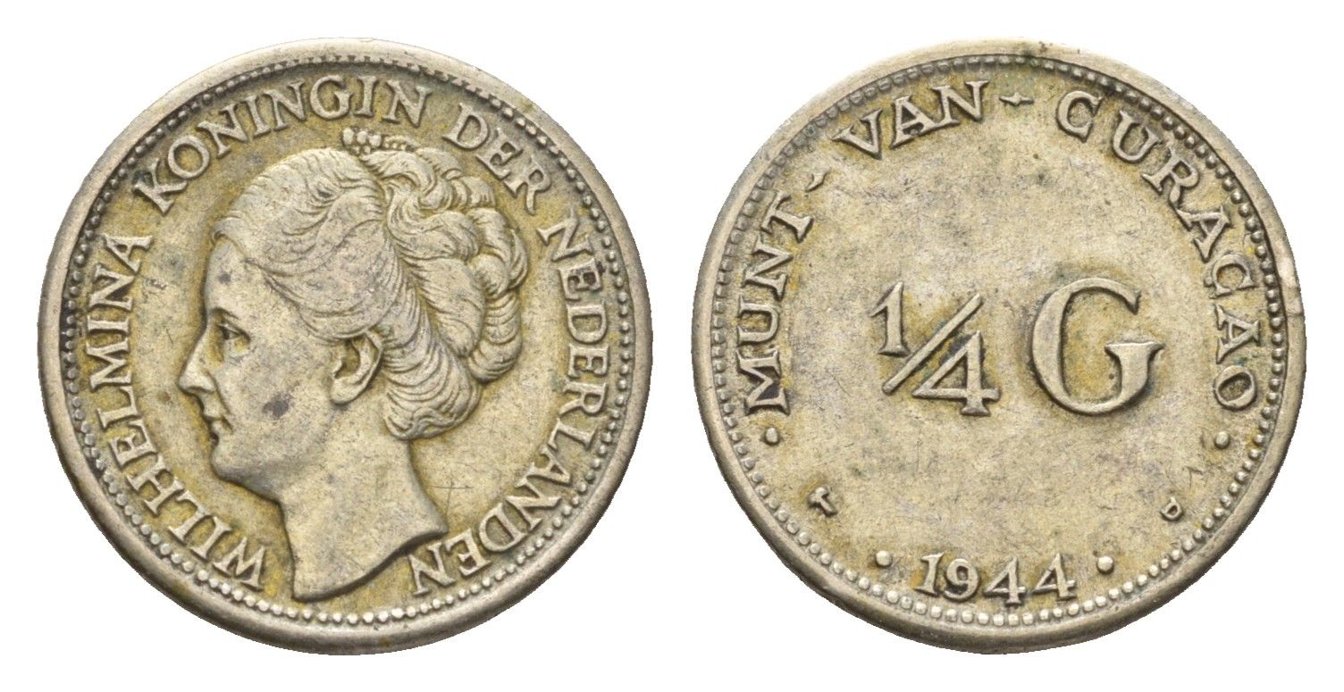 Кюрасао 1/4 гульдена 1944 D KM 44 серебро 26-733