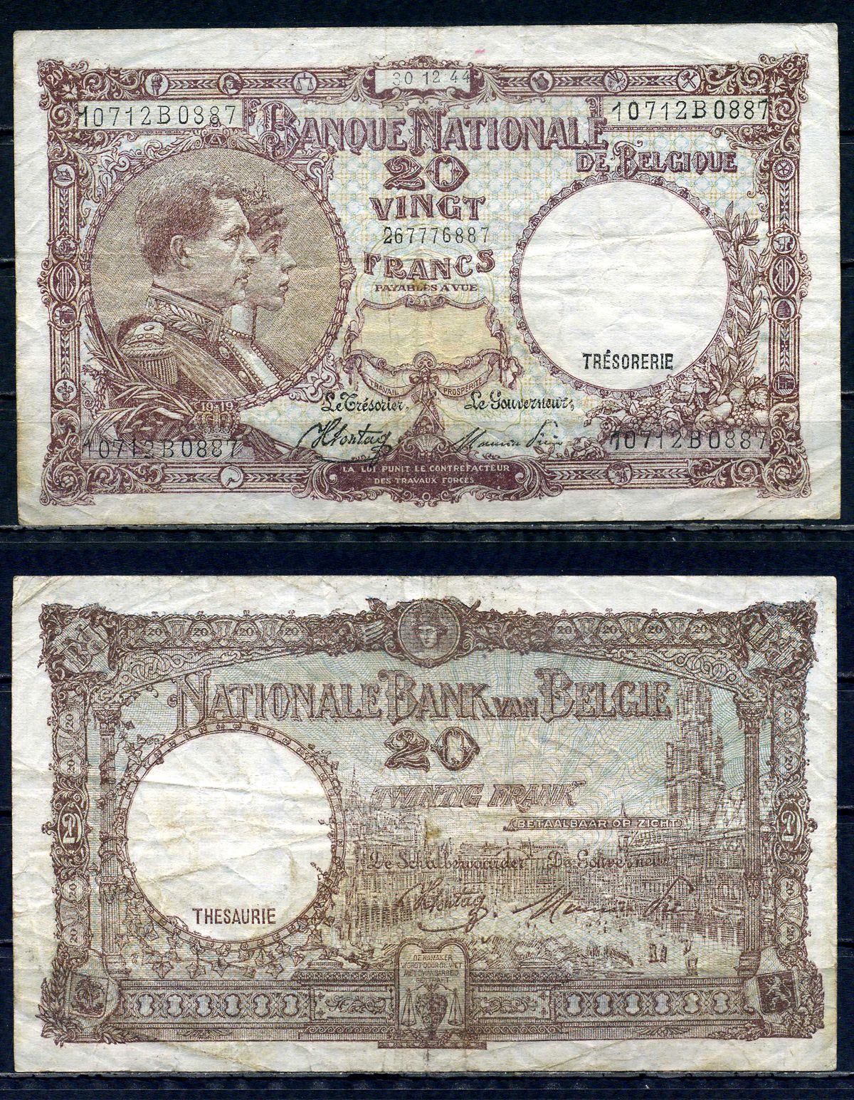 Бельгия 20 франков 1944 30.12.1944, Король Альберт I и его жена Королева Елизавета, Гран-Плас / Гроте Маркт, Брюссель Pick 111 (3) бумага 6301-12-1-2