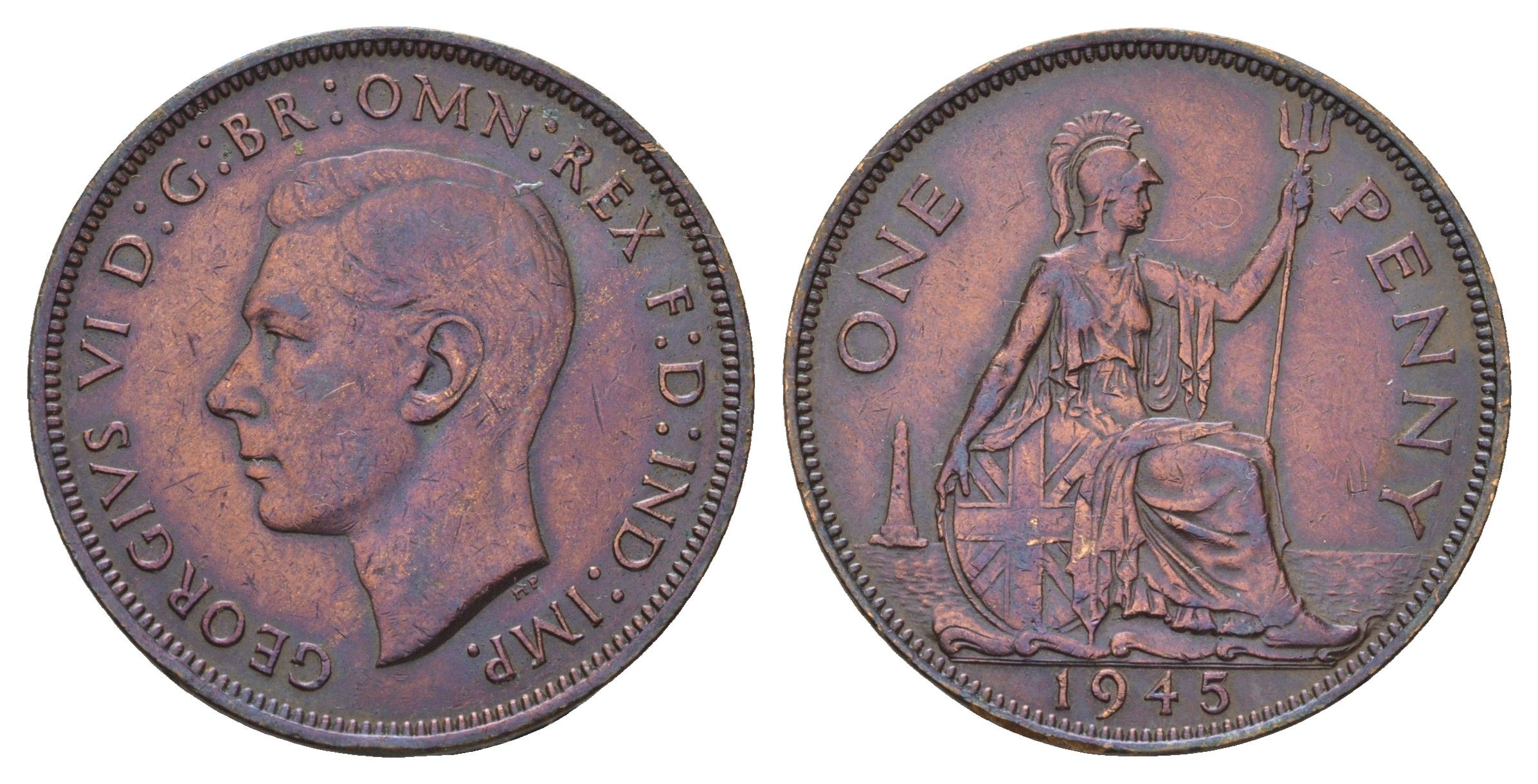 Великобритания 1 пенни 1945 Георг VI (1936-1952) КМ 845, Spink 4114 бронза 4111-831