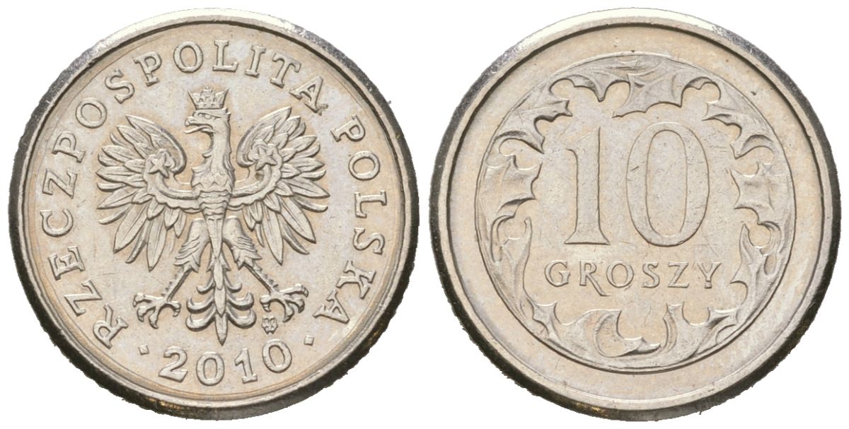 Польша 10 грошей 2010 MW KM 279 медно-никель UNC 4532-1163