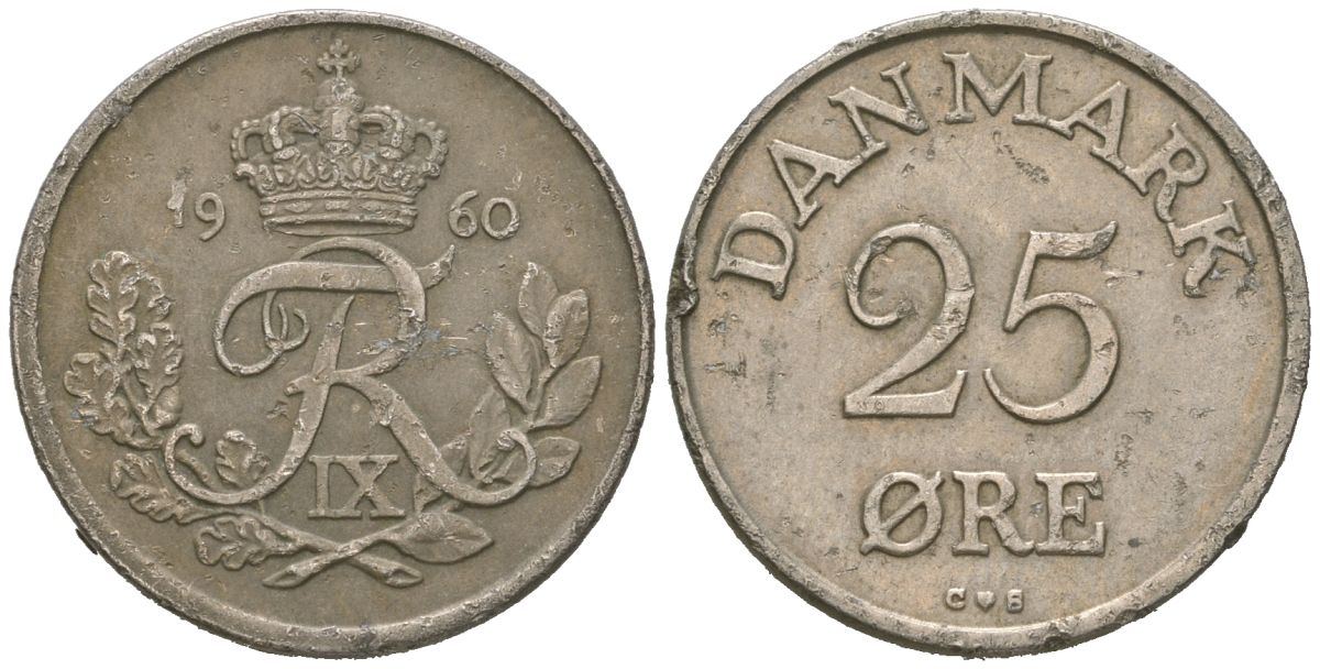 Дания 25 эре 1960 C; S, Фредерик IX (1947-1972) KM 842 медно-никель 213-922