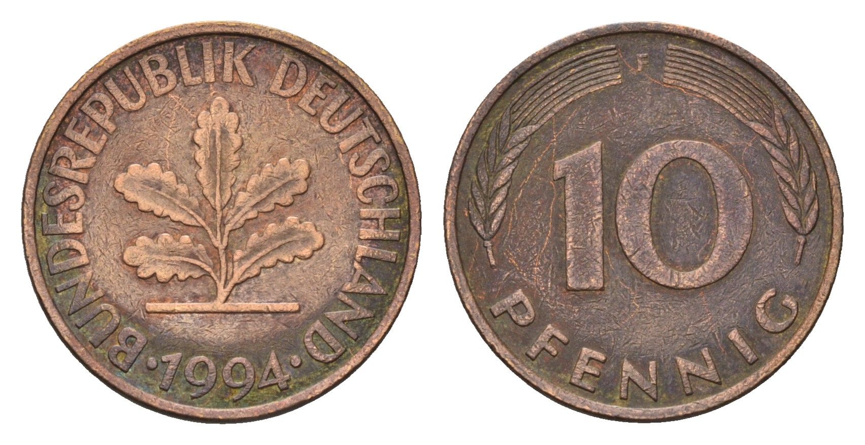 ФРГ 10 пфеннигов 1994 F KM 108, J. 383 сталь плакированная латунью 187-1011