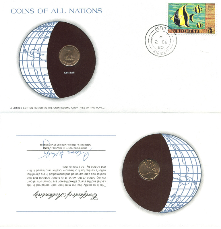КИРИБАТИ 1 ЦЕНТ 1979 КОНВЕРТ С МАРКОЙ ПЕРВОГО ДНЯ ГАШЕНИЯ, COINS OF NATIONS KM 1 бронза UNC 4294-72-2