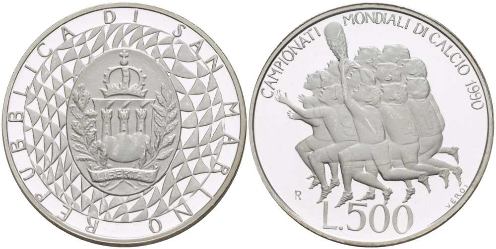 Сан-Марино 500 лир 1990 Чемпионат мира по футболу в Италии 1990 года KM 146 серебро PROOF 00-00