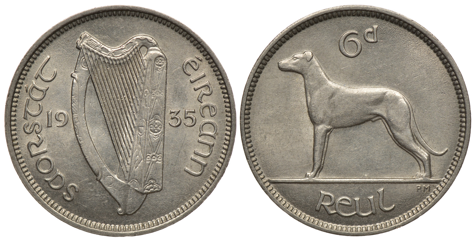 ИРЛАНДИЯ 6 ПЕНСОВ 1935 ИРЛАНДСКИЙ ВОЛКОДАВ, РЕДКОЕ СОСТОЯНИЕ KM 5 медно-никель 1525-844