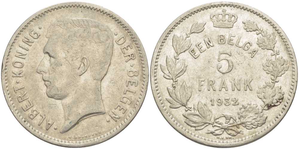 БЕЛЬГИЯ 5 ФРАНКОВ 1932 АЛЬБЕРТ I, DER BELGEN KM 98 никель 3851-422