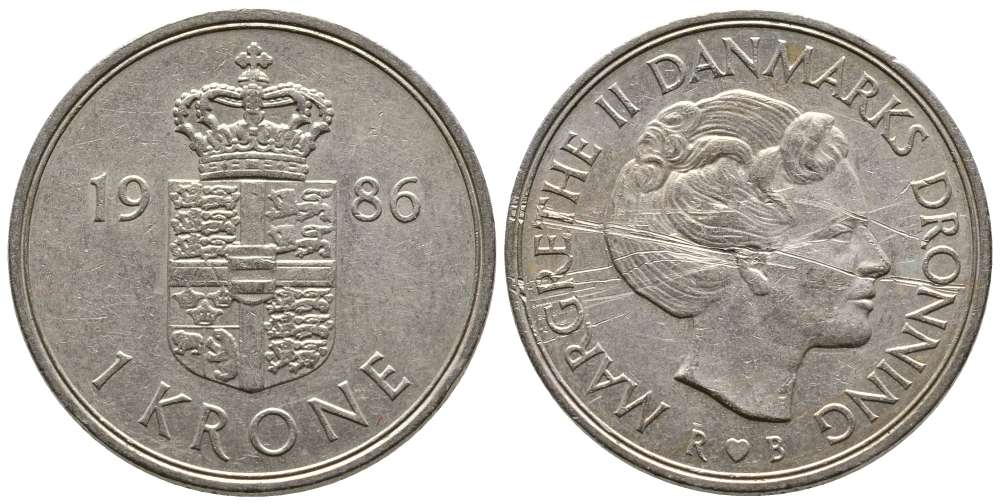 Дания 1 крона 1986 R;B, Маргрете II (1972-) KM 862.3 медно-никель 62-911