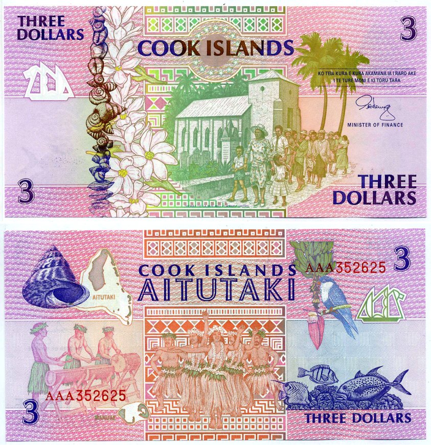 Острова Кука 3 доллара 1992 Христианская церковь в Раротонге Pick 7а бумага UNC (пресс) 8612-37-1-2