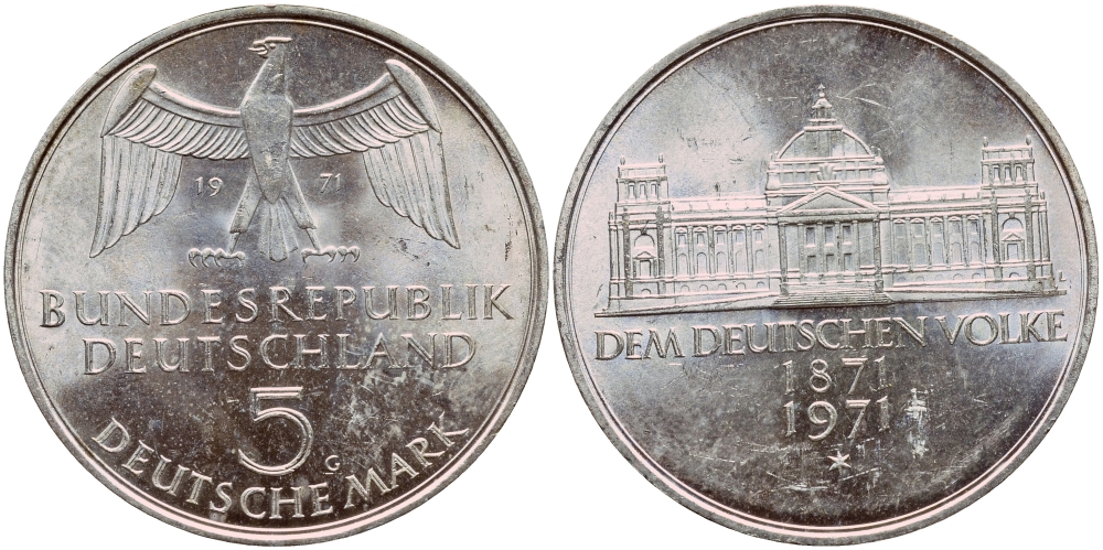 ФРГ 5 марок 1971 G, 100 лет основания Германской Империи KM 128.1, J. 409 серебро aUNC 1529-244
