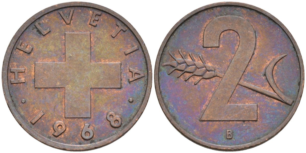 Швейцария 2 раппена 1968 В KM 47 бронза 4582-831