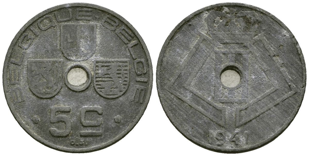 Бельгия 5 сантимов 1941 BELGIQUE - BELGIE KM 123 цинк 4164-1035