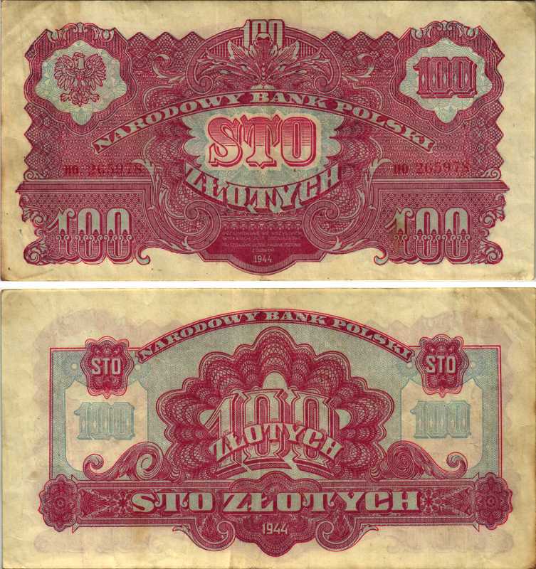 ПОЛЬША 100 ЗЛОТЫХ 1944 ПЕРВЫЙ НАЦИОНАЛЬНЫЙ ВЫПУСК ПОСЛЕ ВТОРОЙ МИРОВОЙ ВОЙНЫ, СЕРИЯ НО 265978, OBOWAZKOWE Pick 117a бумага VF-XF 6352-8-1-1