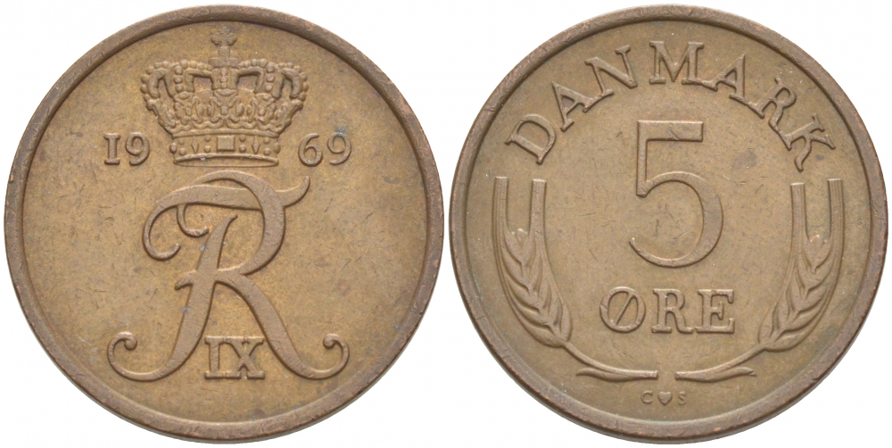 ДАНИЯ 5 ЭРЕ 1969 C; S, ФРЕДЕРИК IX (1947-1972) KM 848.1 бронза 4402-1227