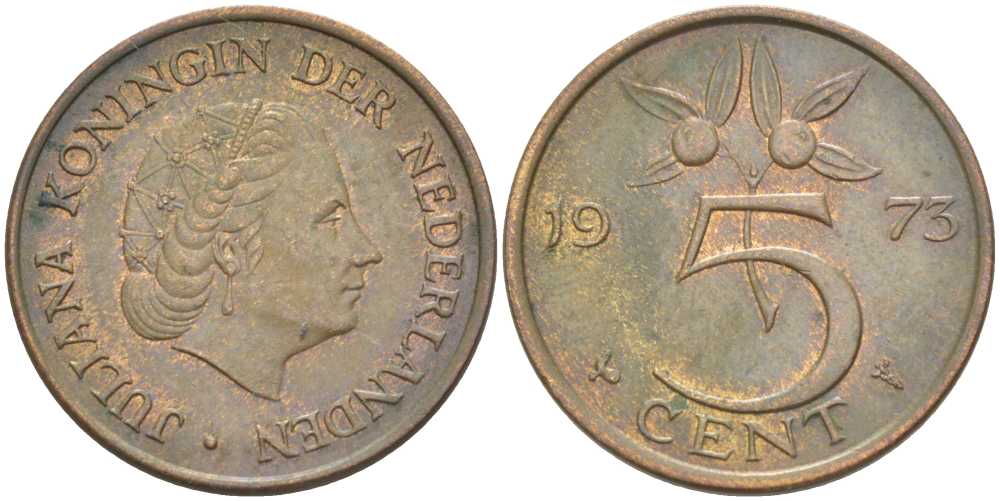 НИДЕРЛАНДЫ 5 ЦЕНТОВ 1973 ЮЛИАНА (1948-1980) KM 181 бронза 213-1117