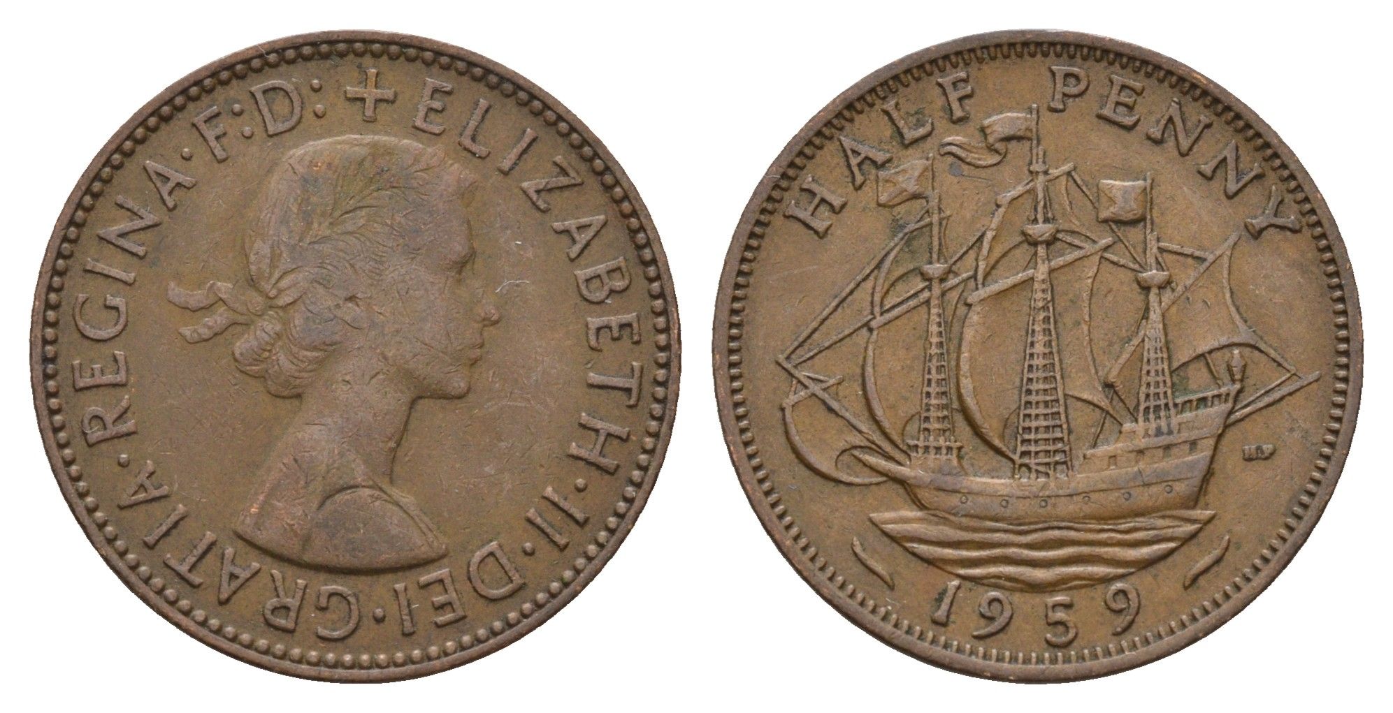 Великобритания 1/2 пенни 1959 Елизавета II (1952-2022) KM 896, Spink 4158 бронза 94-922