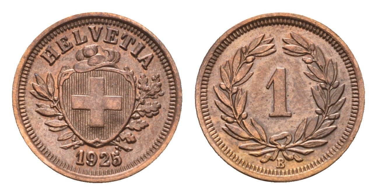 Швейцария 1 раппен 1925 B KM 3.2 бронза 46-2361