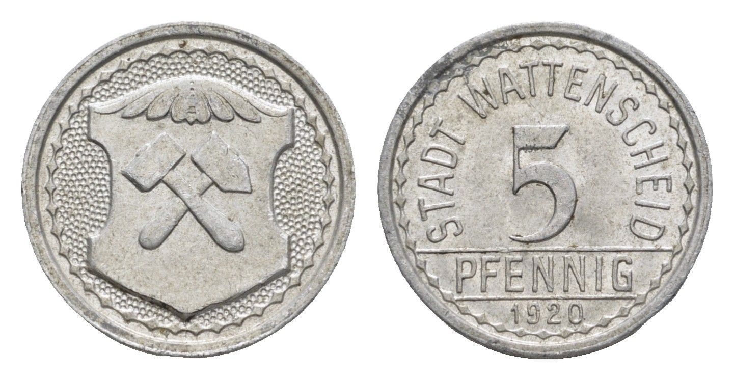 Ваттеншайд 5 пфеннигов 1920 Funck 579.7A, Men18 32900.7 алюминий aUNC 4528-414