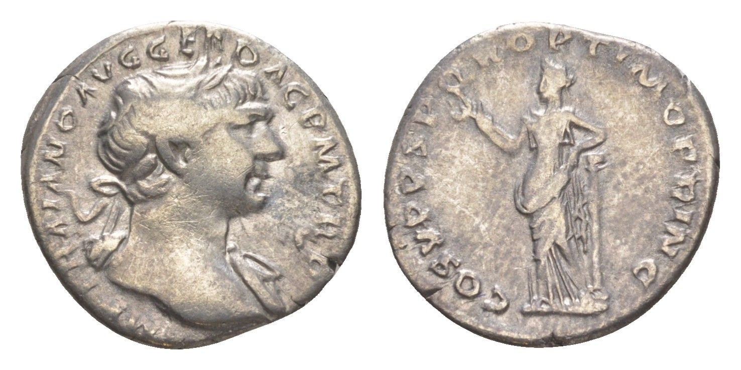 Римская Империя денарий 109 Траян, IMP TRAIANO AVG GER DAC P M TR P, бюст императора/COS V P P S P Q R OPTIMO PRINC, Фелицитата, персонификация Счастья, Рим RIC 120 серебро 1073-1-72