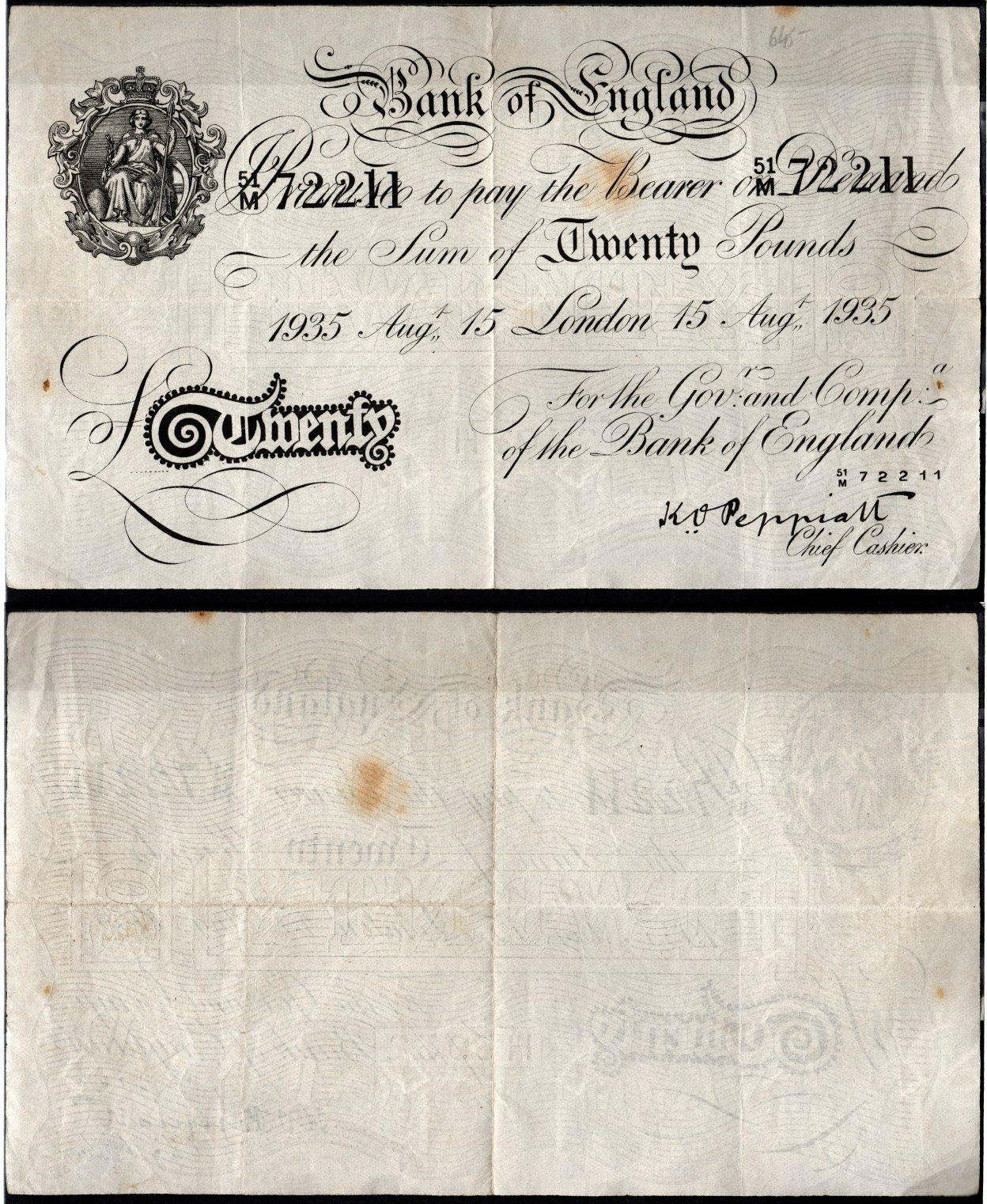 Англия 20 фунтов 1935 Операция "Бернхард", фальшивка в ущерб денежному обращению Pick 337 a бумага 451-1255-2