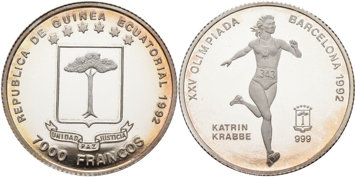Экваториальная Гвинея 7000 франков 1992 олимпийские игры 1992 года в Барселоне, Катрина Краббе, тираж 15000 экз. KM 80 серебро PROOF 00-000-00
