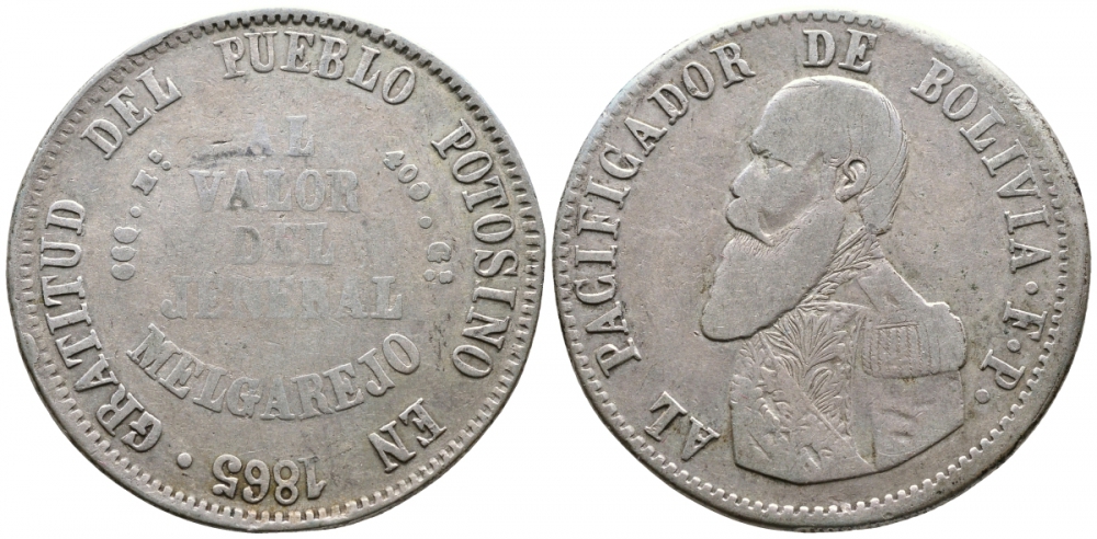 Боливия 1 мельгарехо 1865 F.P. KM 146 серебро 00-818-18
