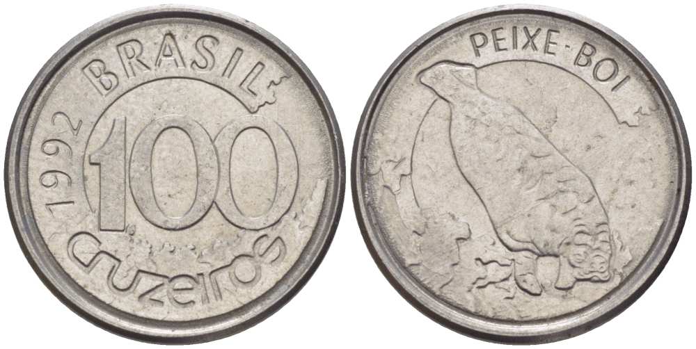 БРАЗИЛИЯ 100 КРУЗЕЙРО 1992 РЕФОРМА 1990-1993, ЛАМАНТИН KM 623 нержавеющая сталь 4387-266