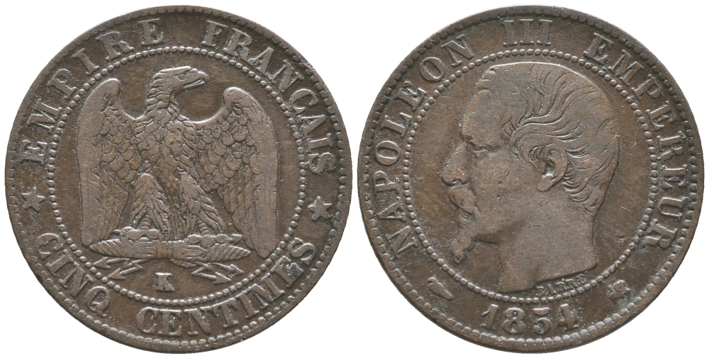 ФРАНЦИЯ 5 САНТИМОВ 1854 K, НАПОЛЕОН III (1852-1870) KM 777.5, LE FRANC 116.13 бронза 34-427