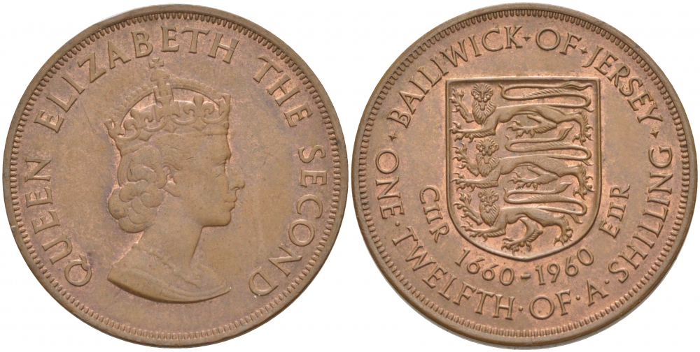 Джерси 1/12 шиллинга 1960 Елизавета II (1952-2022), 300 лет вступления на престол короля Карла II KM 23 бронза 4403-1116