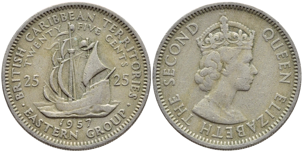 Британские Восточно-Карибские территории 25 центов 1957 Елизавета II (1952-2022), парусник KM 6 медно-никель 76-1032