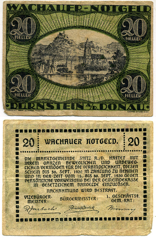 АВСТРИЯ 20 ГЕЛЛЕРОВ 1920 ДЮРЕНШТЕЙН НОТГЕЛЬД бумага 445-49-1-1